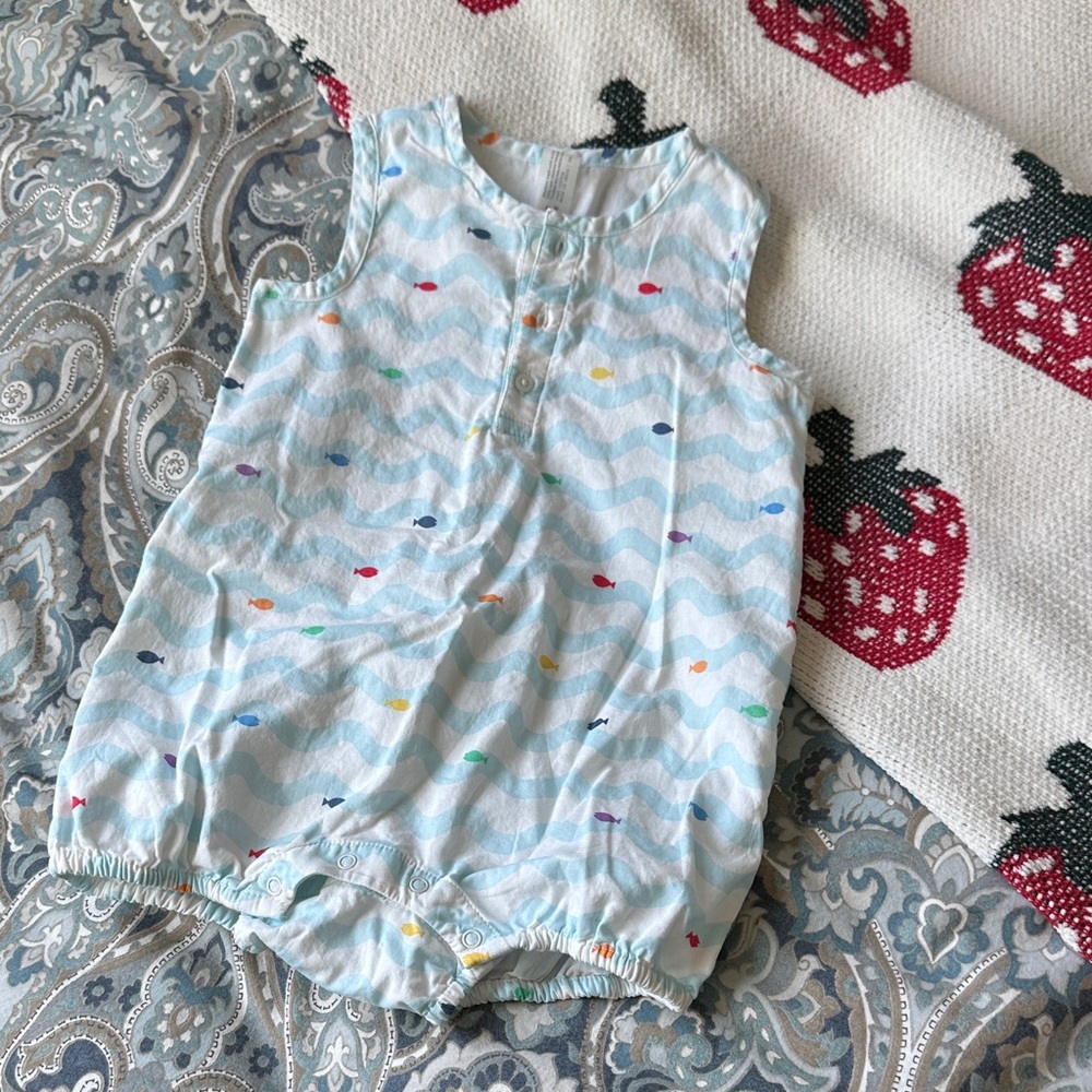 Primary Light Blue Wave Fish One-Piece Bodysuit